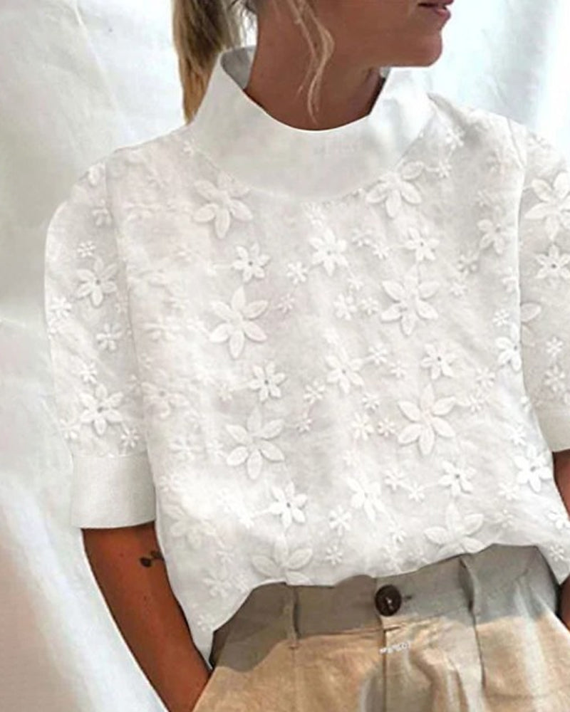 Dana | Embroidered Flower Top with Stand Collar