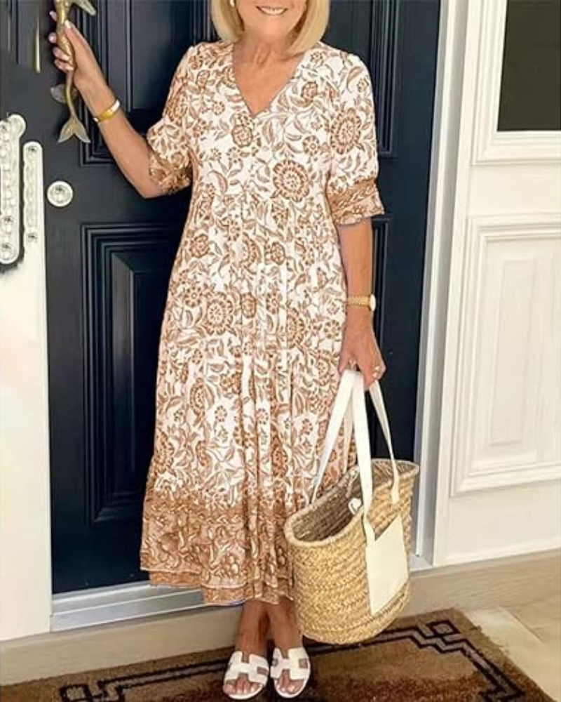 Nia | Elegant V-Neck Dress with Floral Print