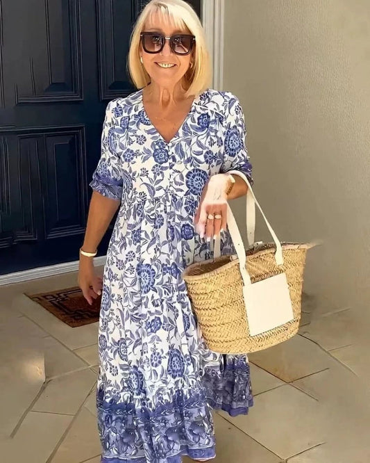 Nia | Elegant V-Neck Dress with Floral Print