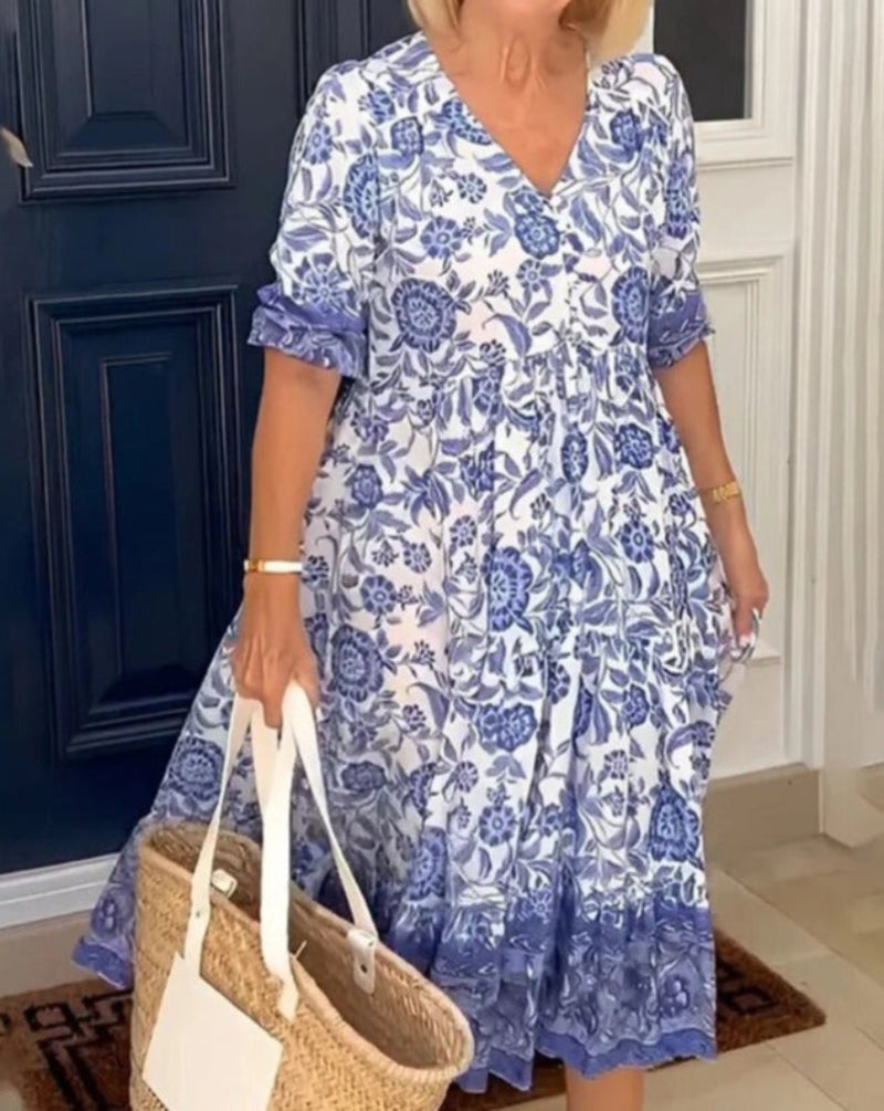 Nia | Elegant V-Neck Dress with Floral Print