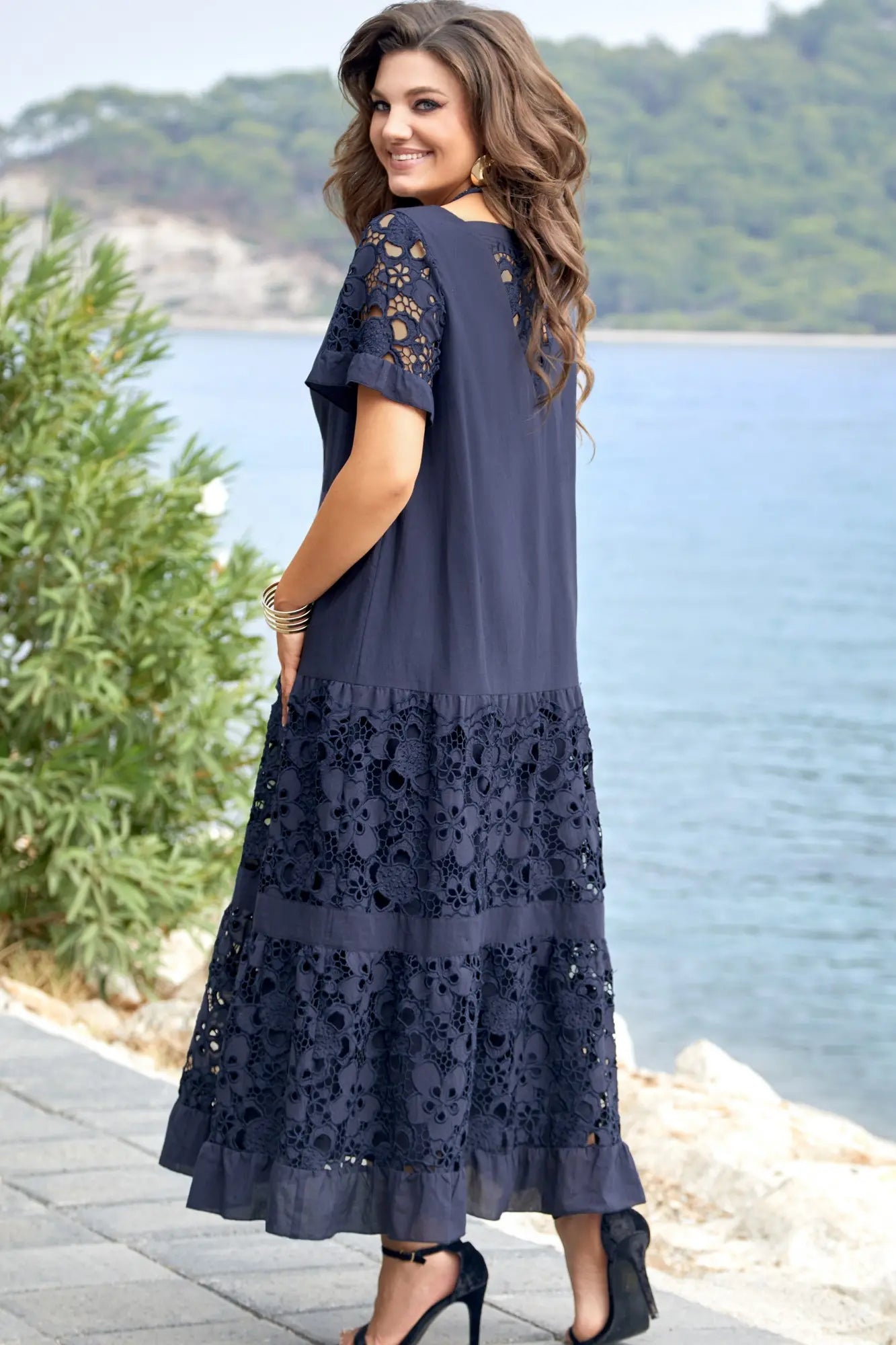 Serène | Navy Blue Lace Maxi Dress