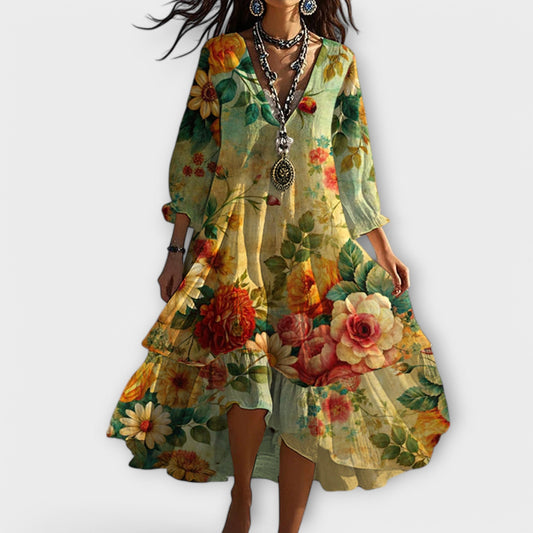 Marina | Vintage Boho Floral Print V-Neck Dress